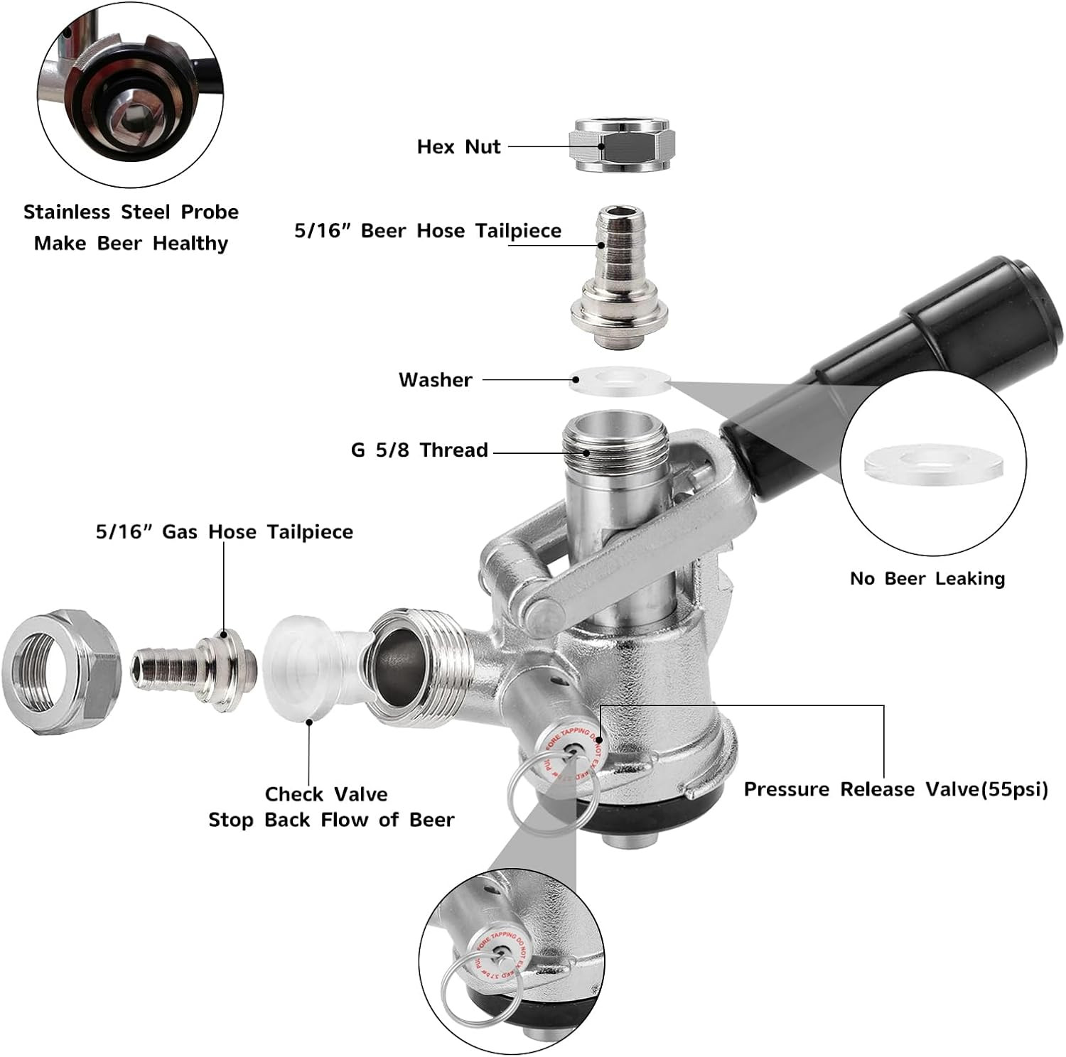 Keg Coupler, Sankey Keg Tap D System ID 5/16» Draft Beer Line (304 Stainless St
