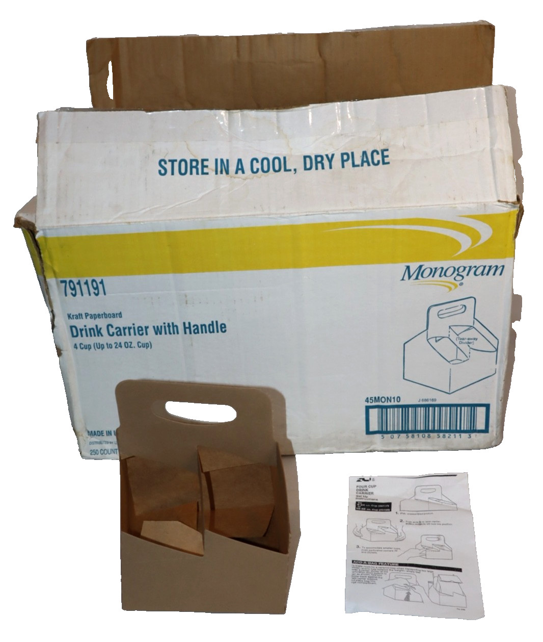 MONOGRAM 4-CUP KRAFT PAPERBOARD 200+ DRINK CARRIER W/ HANDLE LOT UP TO 24 OZ