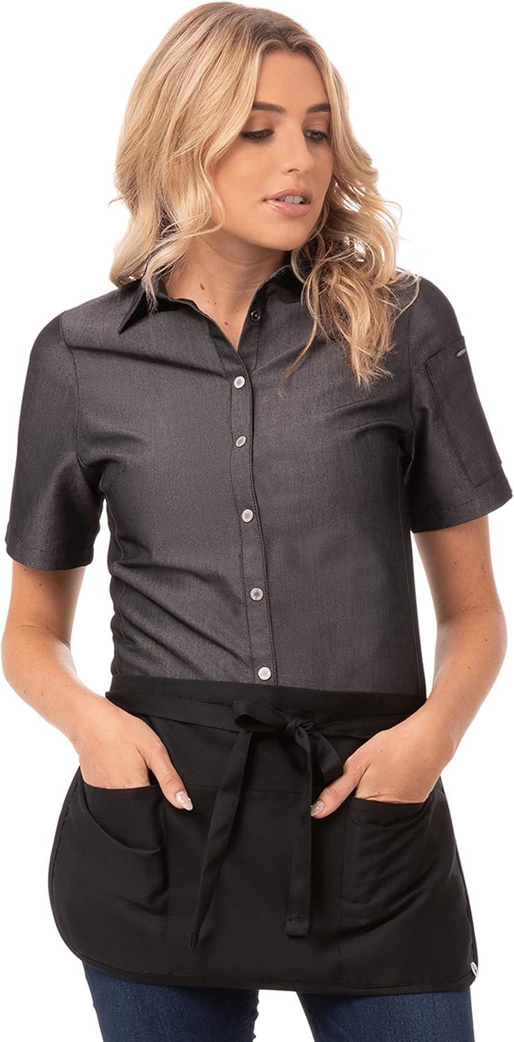 Unisex Reversible Waitress Apron Black Polyester Cotton Comfortable Pocket