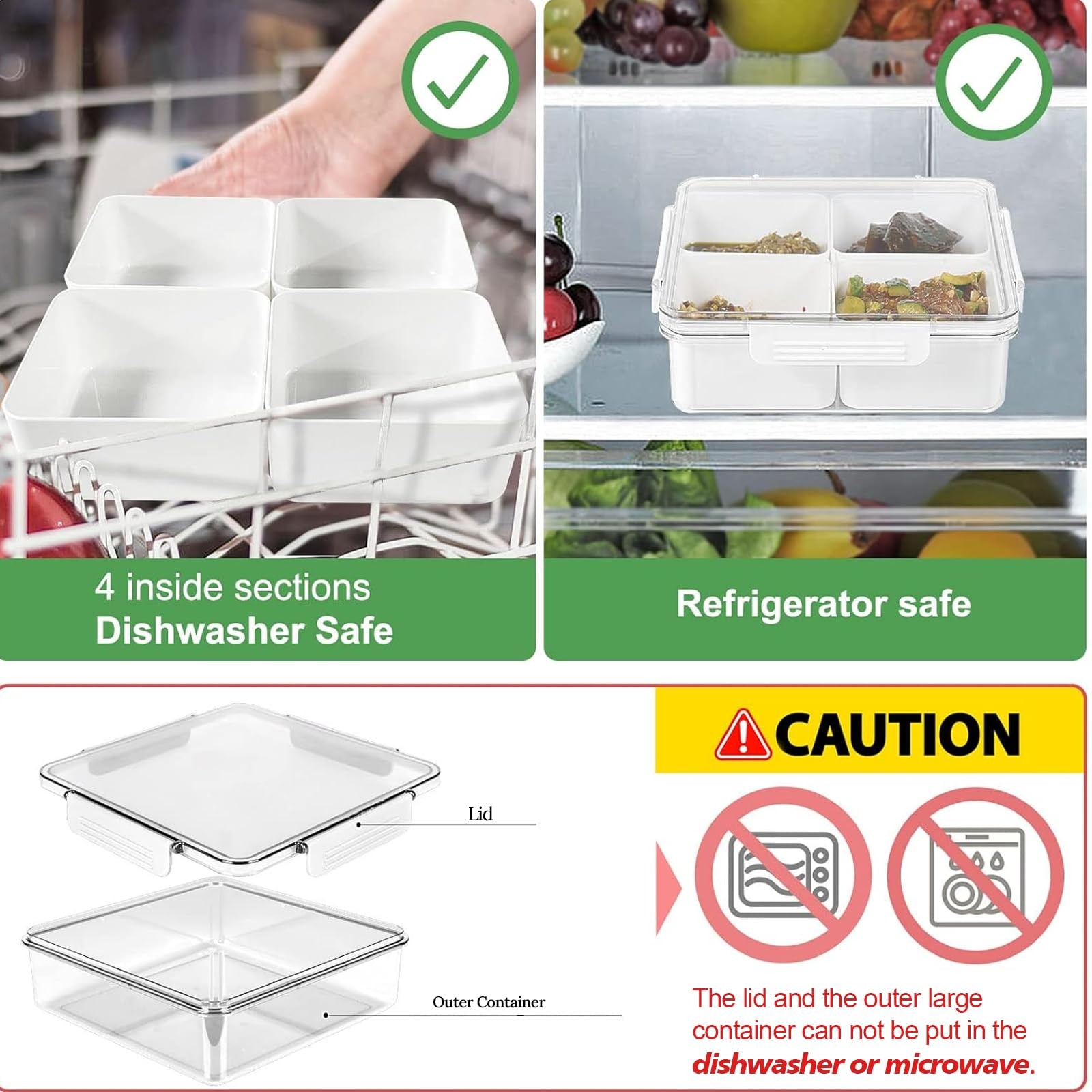 Divided Serving Tray with Lid, Removable Square, White-4 Compartments