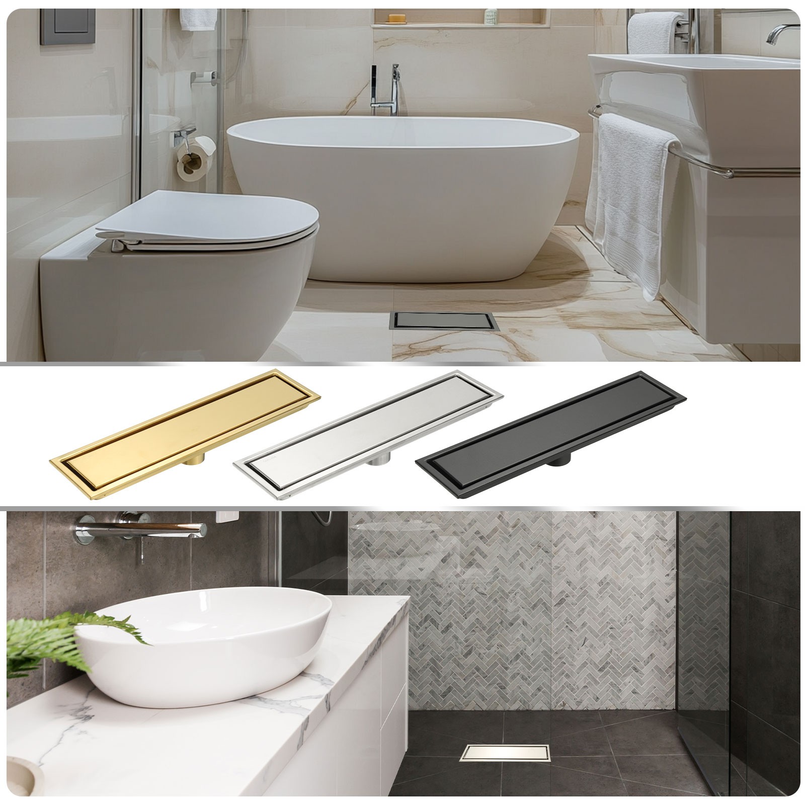 Rectangular Shower Drain Odor-proof Floor Drain 12 Inch Brushed Silver