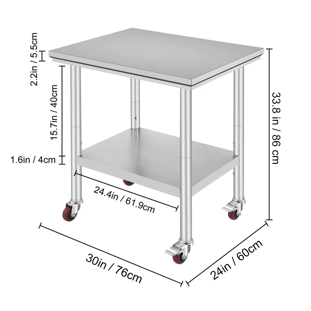 Uimoso Rolling Stainless Steel Work Table 30″x24″ Cart + Casters Undershelf