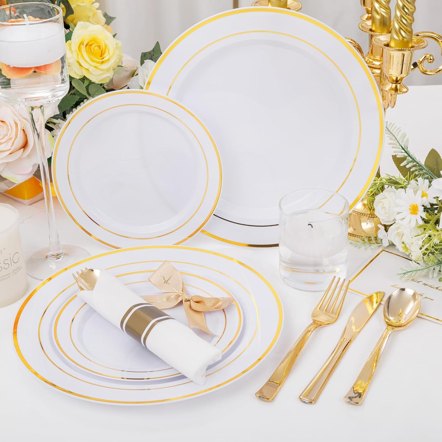 210PCS Gold Plastic Dinnerware Set Gold Plates Disposable Disposable Plates for
