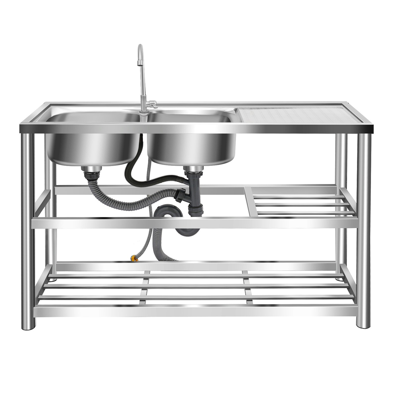 Stainless Steel Commercial Sink 2 Compartments Utility Sink Kitchen w/Prep Table