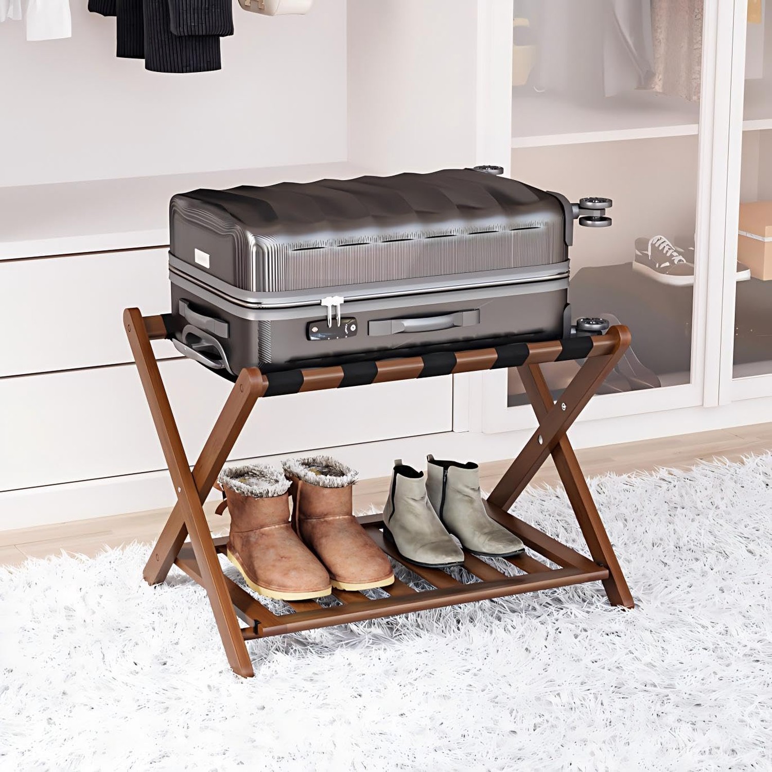 Smart FENDEE Fully Assembled Bamboo Luggage Rack, Walnut Folding Suitcase Sta…