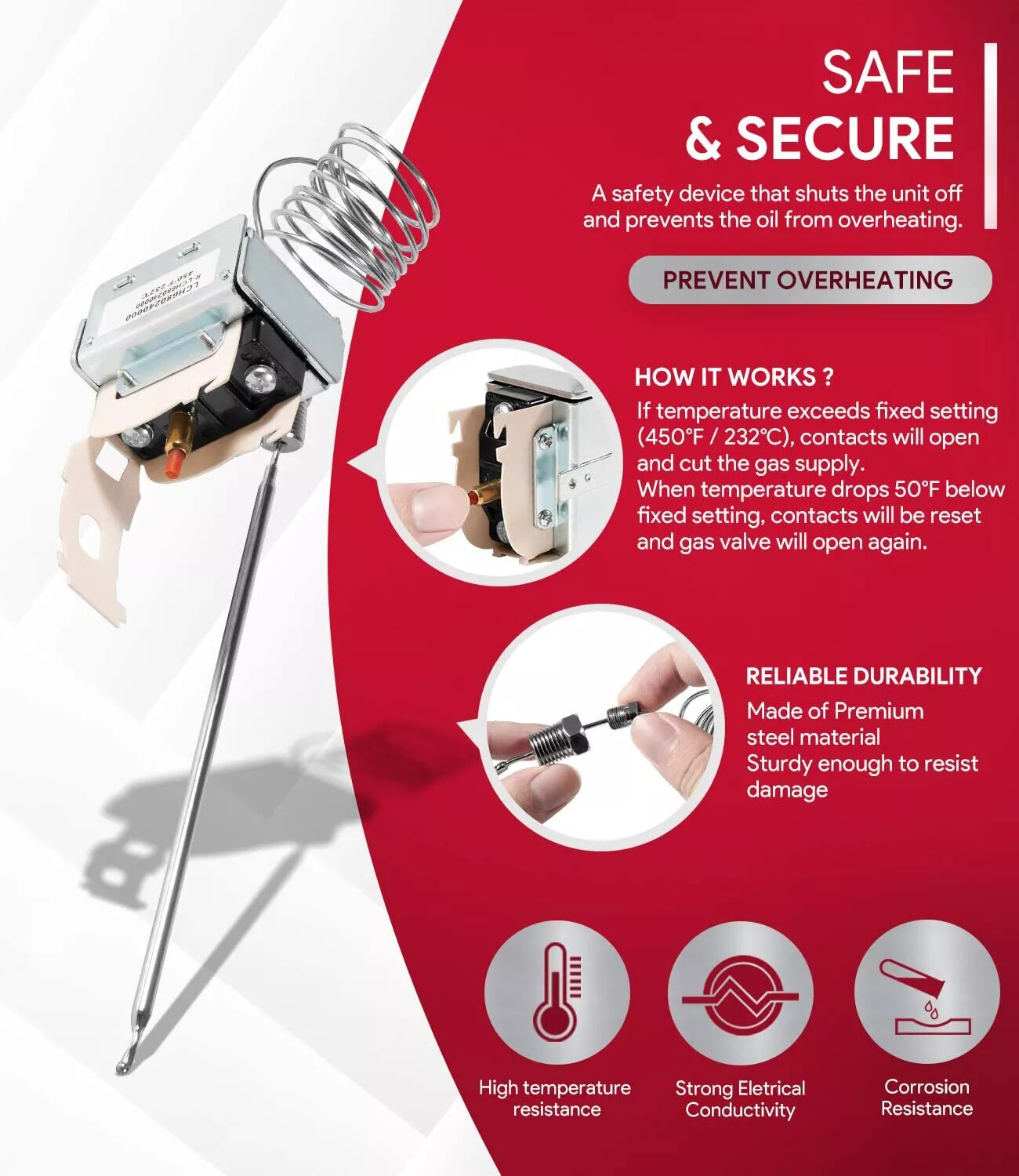 PP10084 High Limit Switch for Pitco Fryers LCH Hi Limit Safety Thermostat 450°F