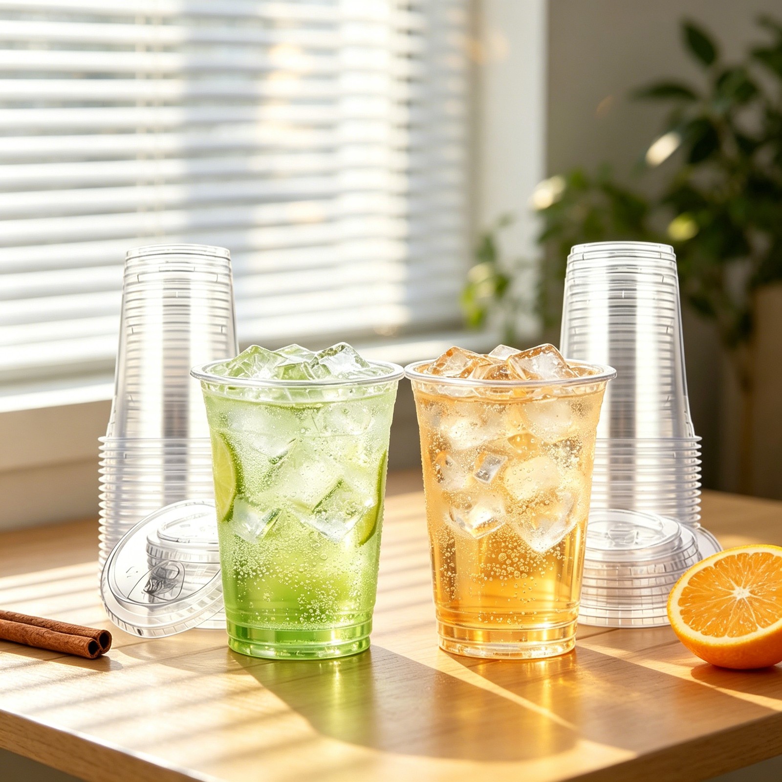 50/100 Pack 16-24oz Clear Plastic Cups with Strawless-Sip-Lids, Disposable Cup
