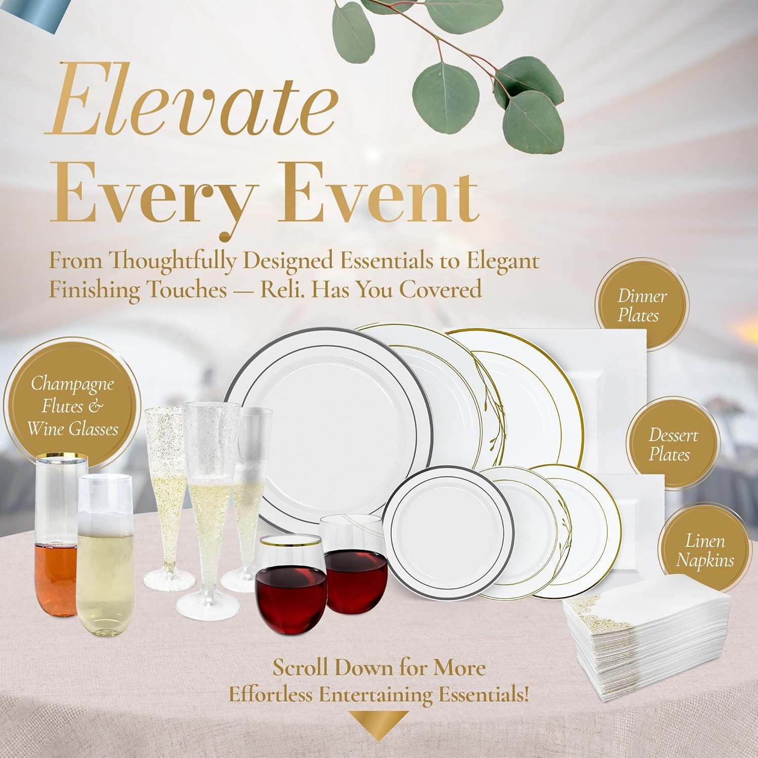Plastic Plates for Party | 210 Pieces | White w/Gold Rim | Plates and Napkins