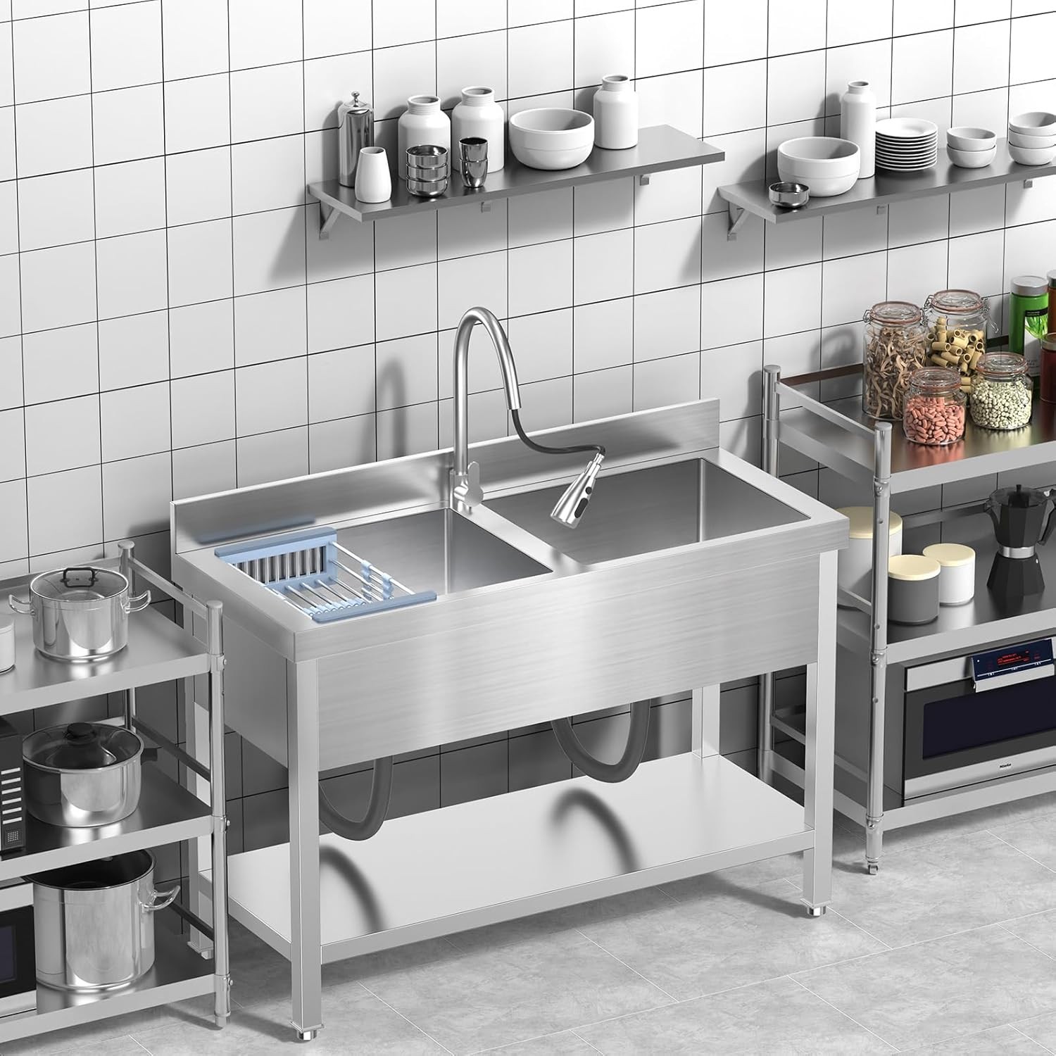 47Inch Double Bowl Stainless Steel Utility Kitchen Sink for Restaurant Outdoor