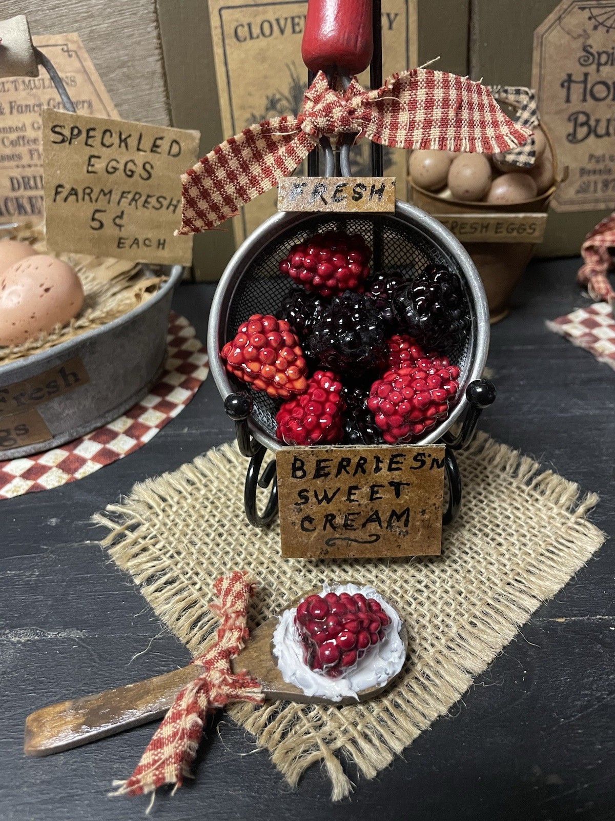 PRIMITIVE FARMHOUSE KITCHEN DECOR REPURPOSED SIFTER STRAINER BERRIES N CREAM
