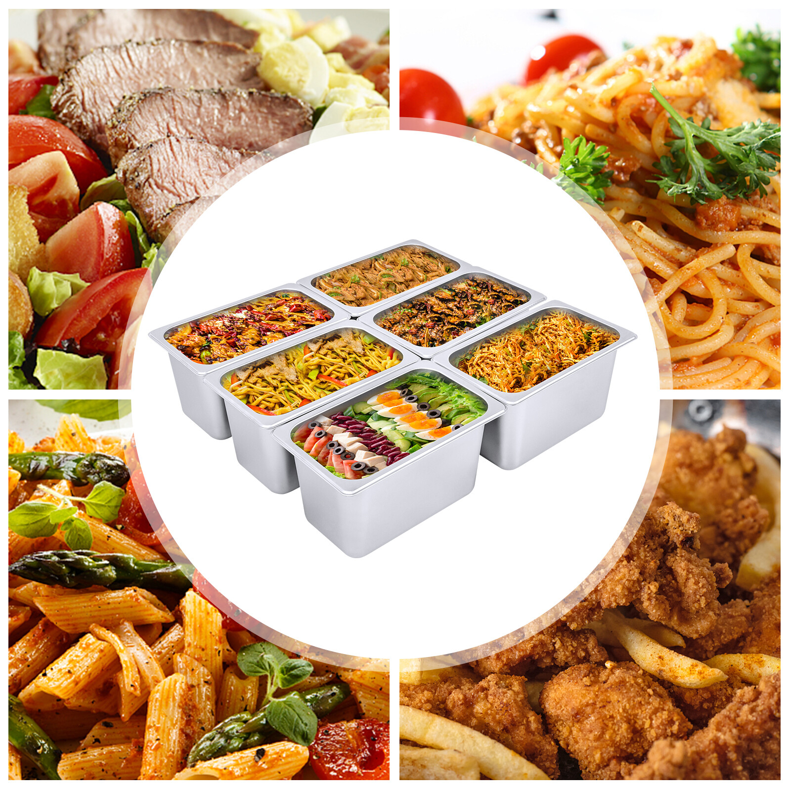 6 PACK 1/4 Size 6″ Deep Stainless Steel Steam Prep Table Hotel Buffet Food Pan