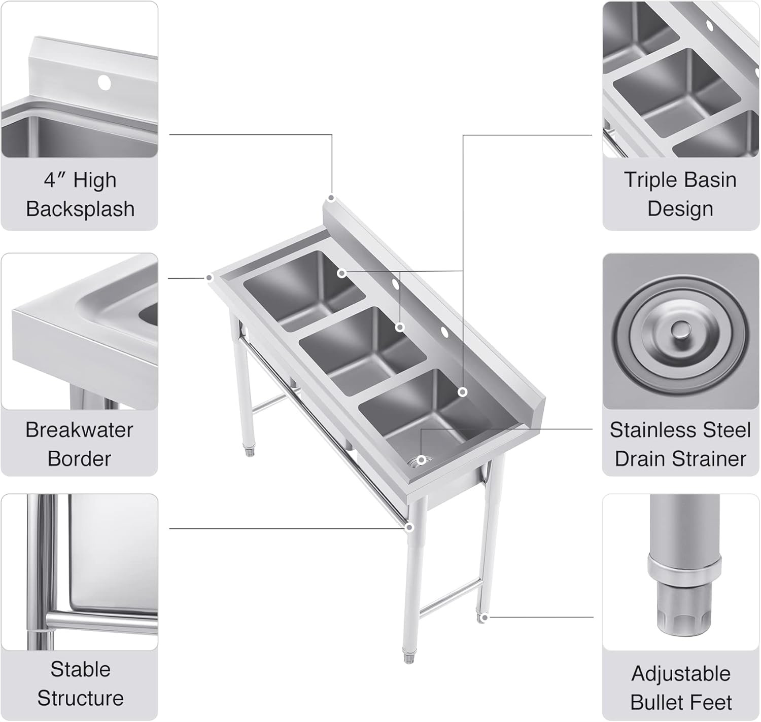 Commercial Stainless Steel Sink with 3 Compartments, Free Standing Restaurant Si