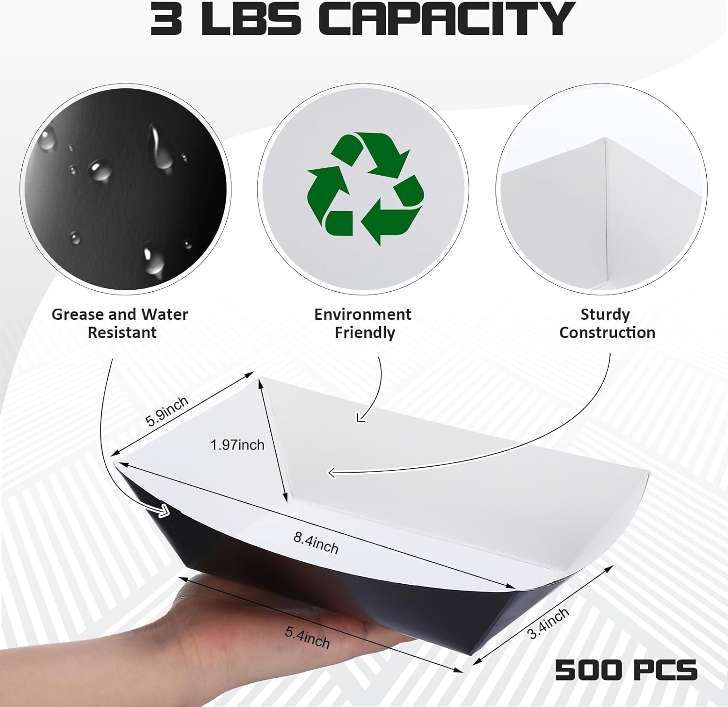 500 Pcs 3lb Paper Food Trays Disposable Paper Food Boats Black Paperboard Nacho