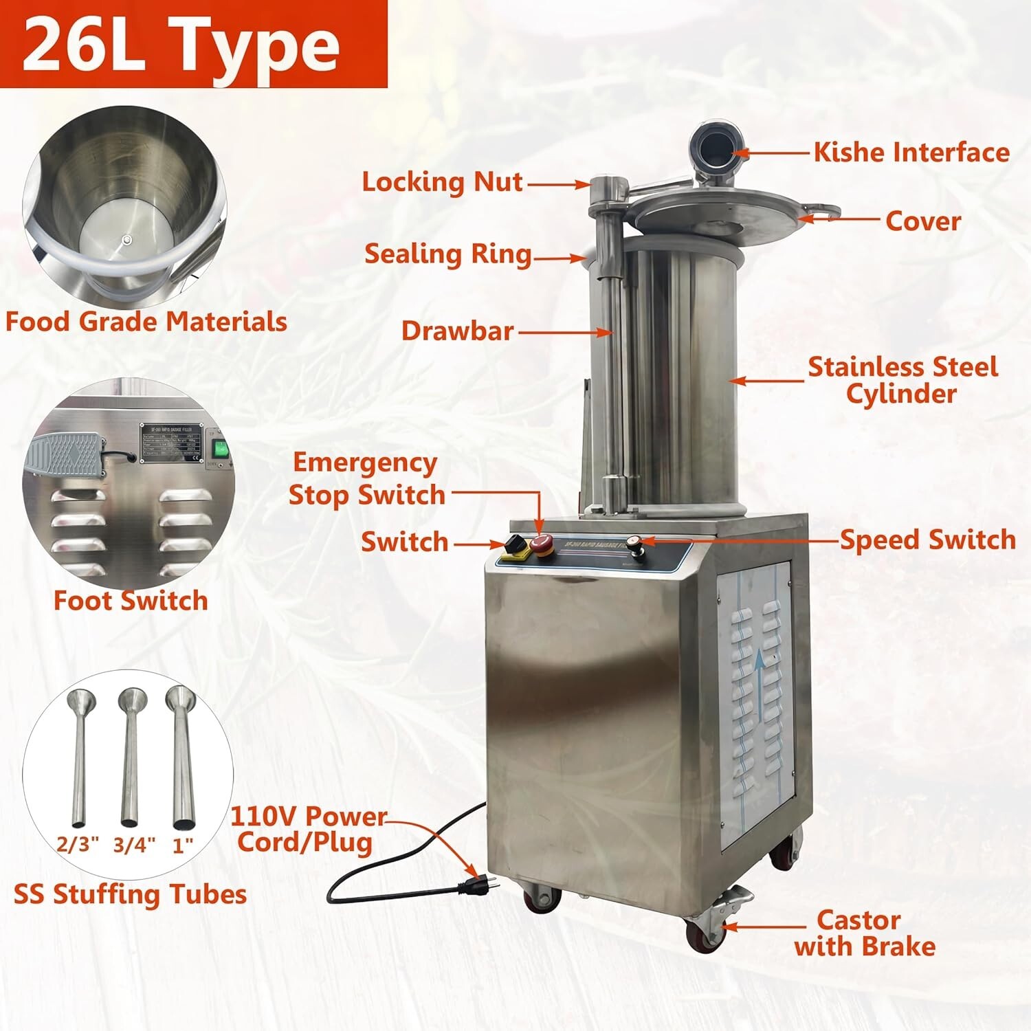 110V SF-26L Capacity Commercial Hydraulic Sausage Stuffer Vertical Sausage Maker