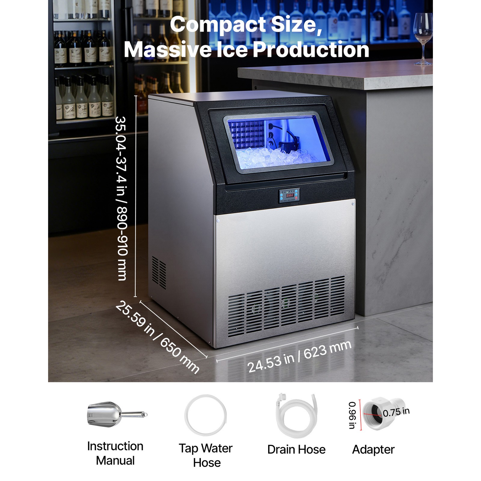 Uimoso 360lb Commercial Ice Machine 85lb Storage Freestanding Ice Maker Machine