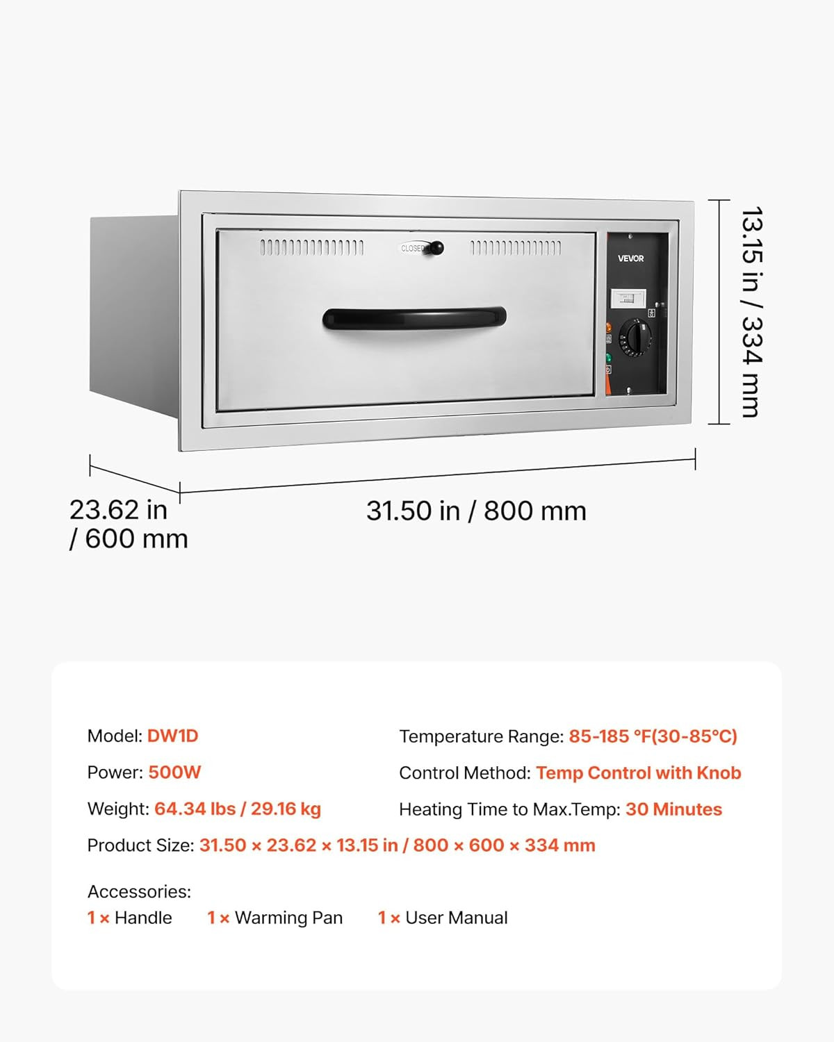 Commercial Electric Drawer Warmer, Single-Drawer Stainless Steel Food Warmer, Bu