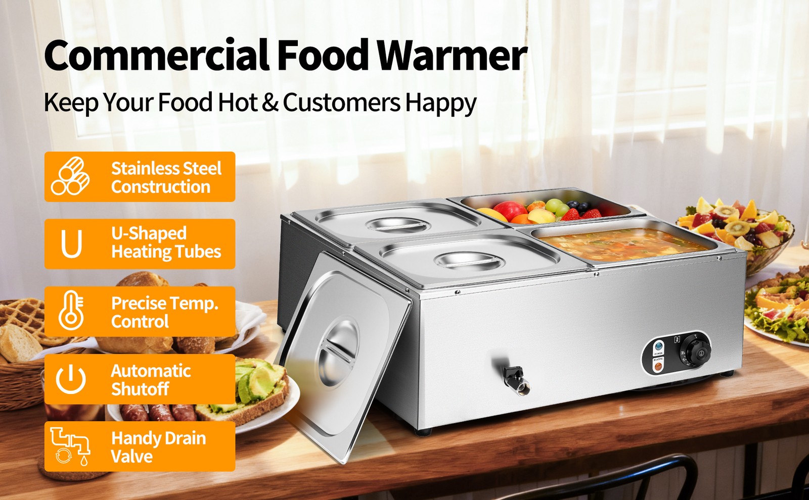 4-Pan Commercial Electric Food Warmer Countertop Buffet Bain Marie Steam Table