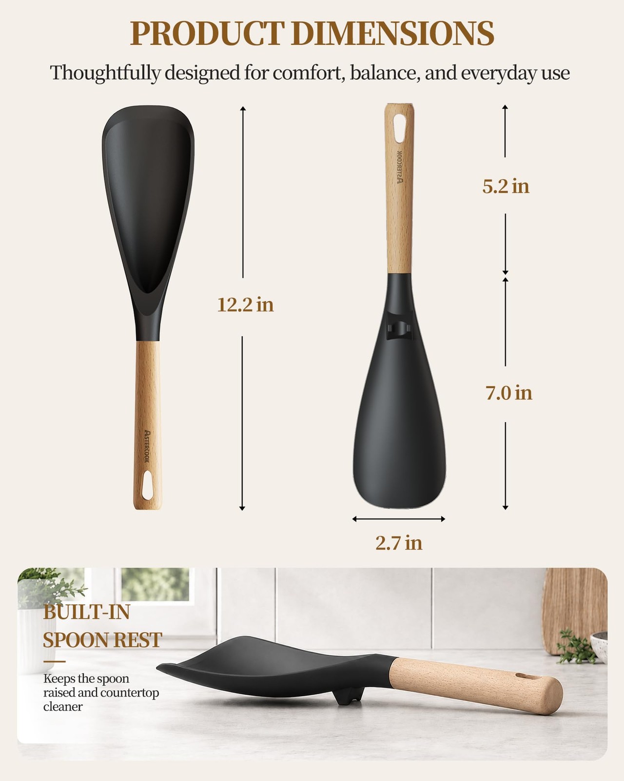 Astercook Cooking Spoon, Nonstick Safe Silicone 12.2 Inches, Black Grey