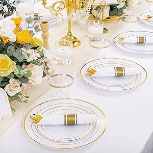 210PCS Gold Plastic Dinnerware Set Gold Plates Disposable Disposable Plates for
