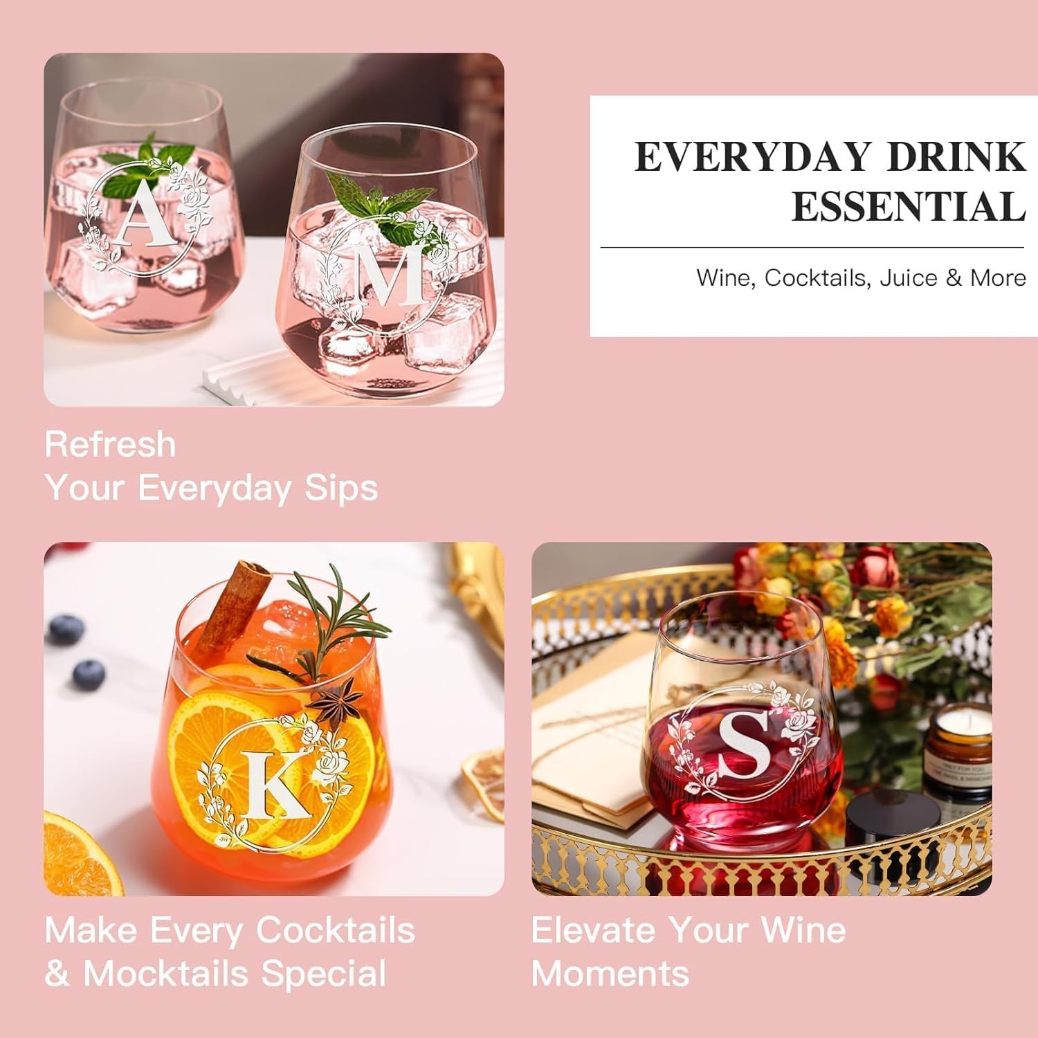 Personalized Stemless Wine Glass – Custom Engraved Monogrammed Initial