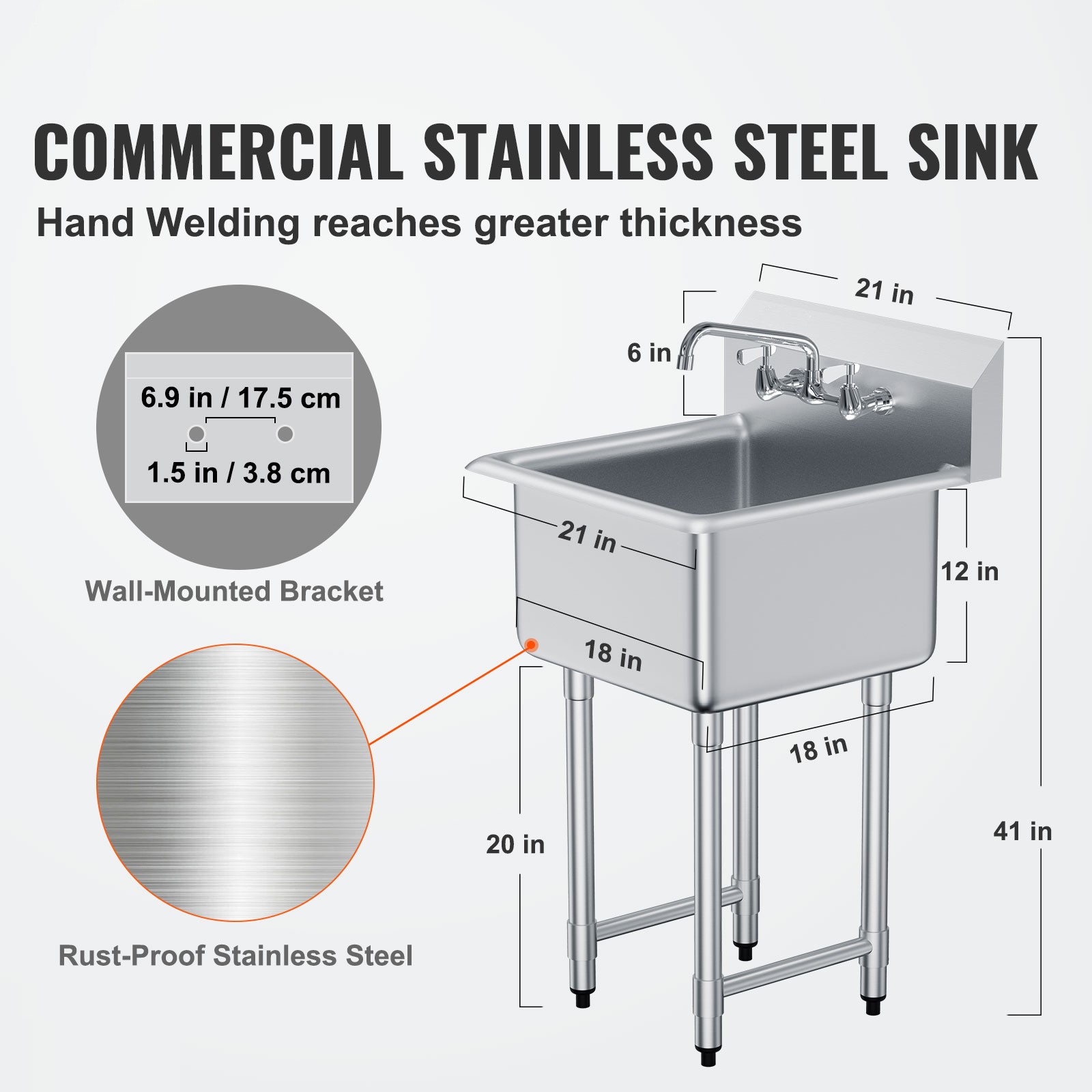 VEVOR 18″ x 18″ Commercial Utility Sink 1 Compartment Stainless Steel w/ Faucet