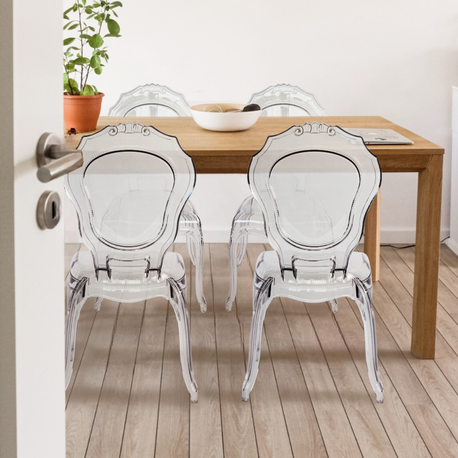 FOH Set of 4 Clear Ghost Dining Chairs, Acrylic Chairs for Events Crown-Back
