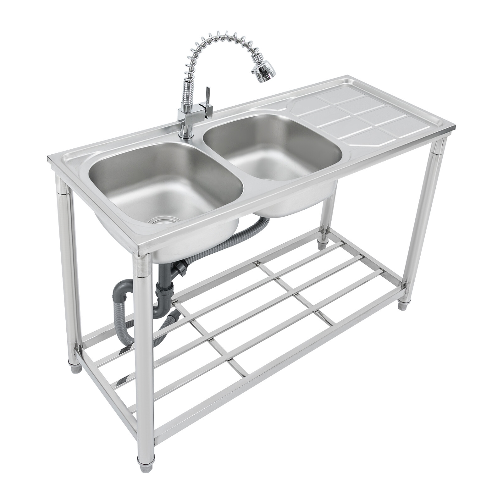 Double Bowl Kitchen Sink Stainless Steel Sink+Pull-out Faucet 120*50*80cm