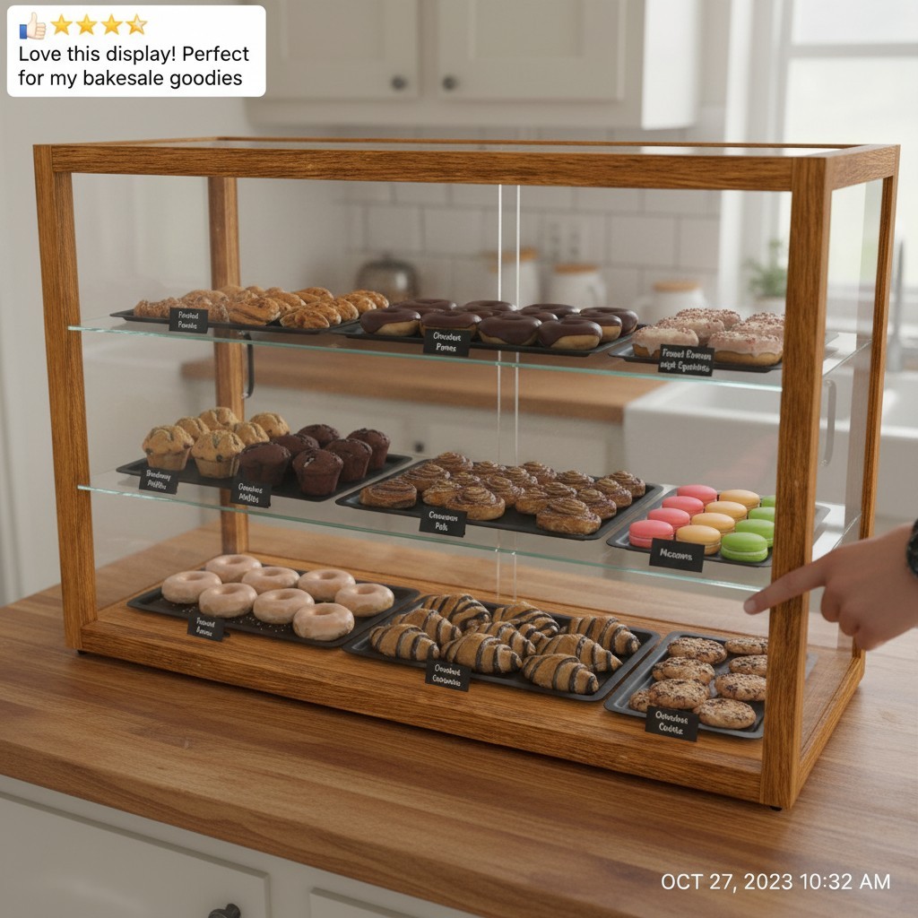 Light Wood 42″ Bakery Display Case – 3 Tiered Shelves with Included