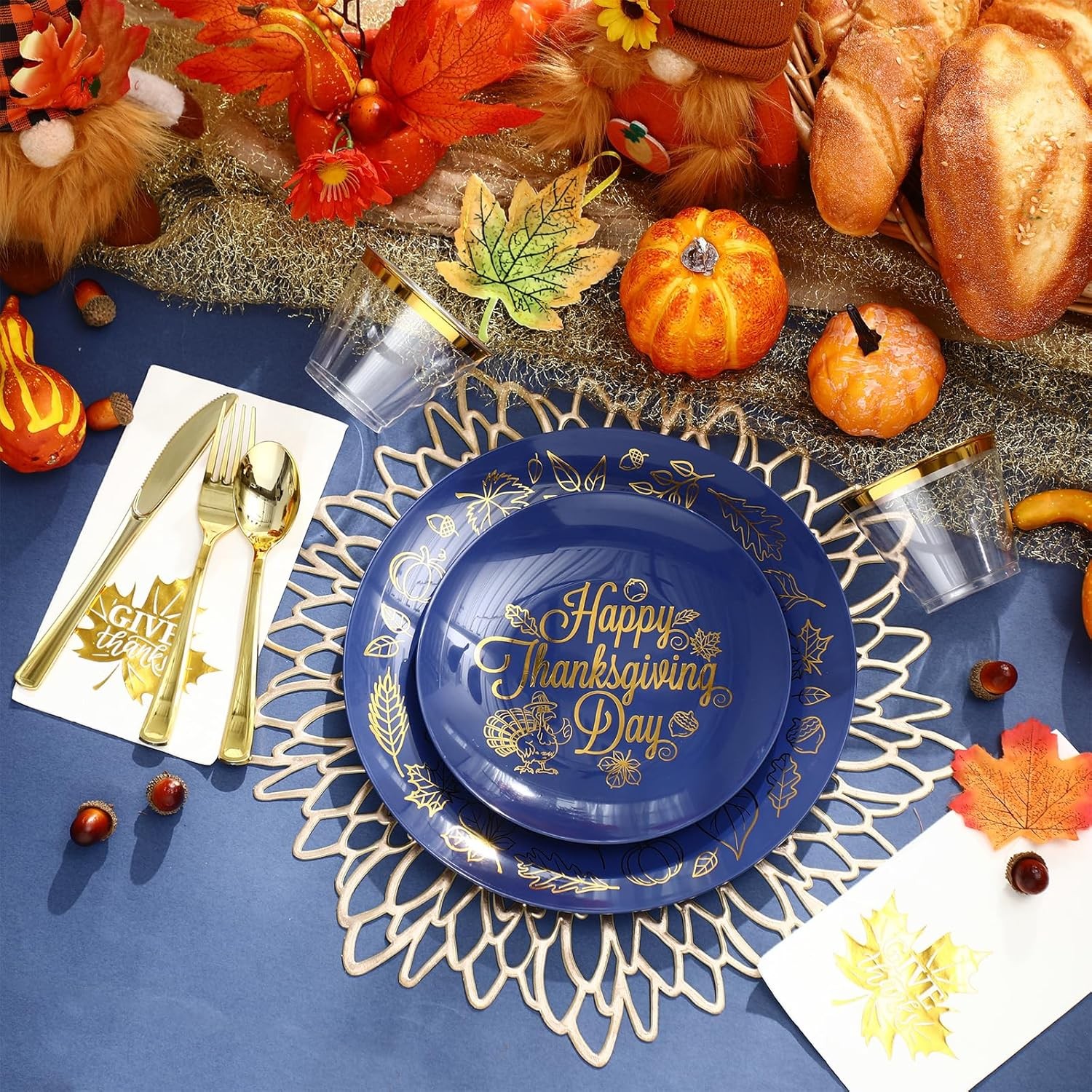 210 Pcs Thanksgiving Dinnerware Sets, Navy Blue Disposable Plates Includes