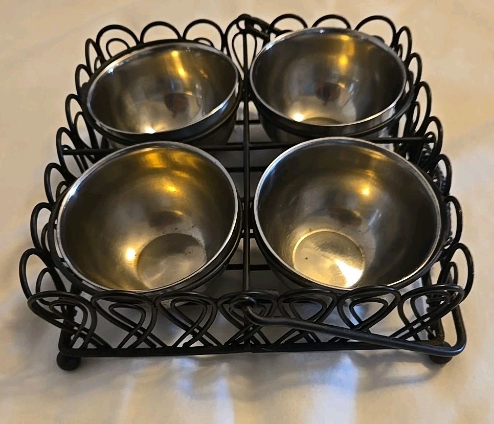 Vintage Metal Condiment Caddy With Four 3″x2-1/2″ Stainless Steel Bowls