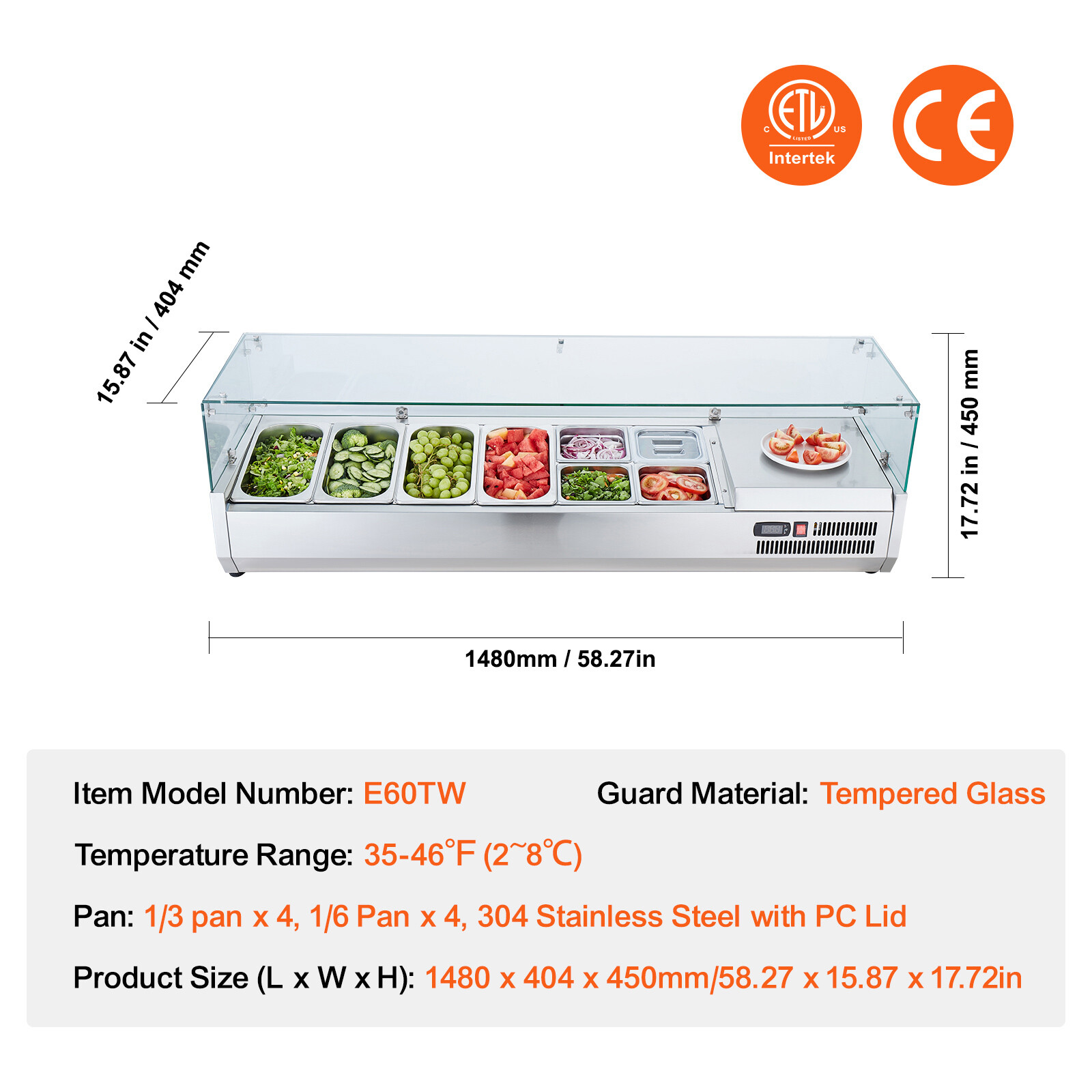 VEVOR 60″ Countertop Refrigerated Salad Pizza Prep Station 150 W Glass Guard ETL