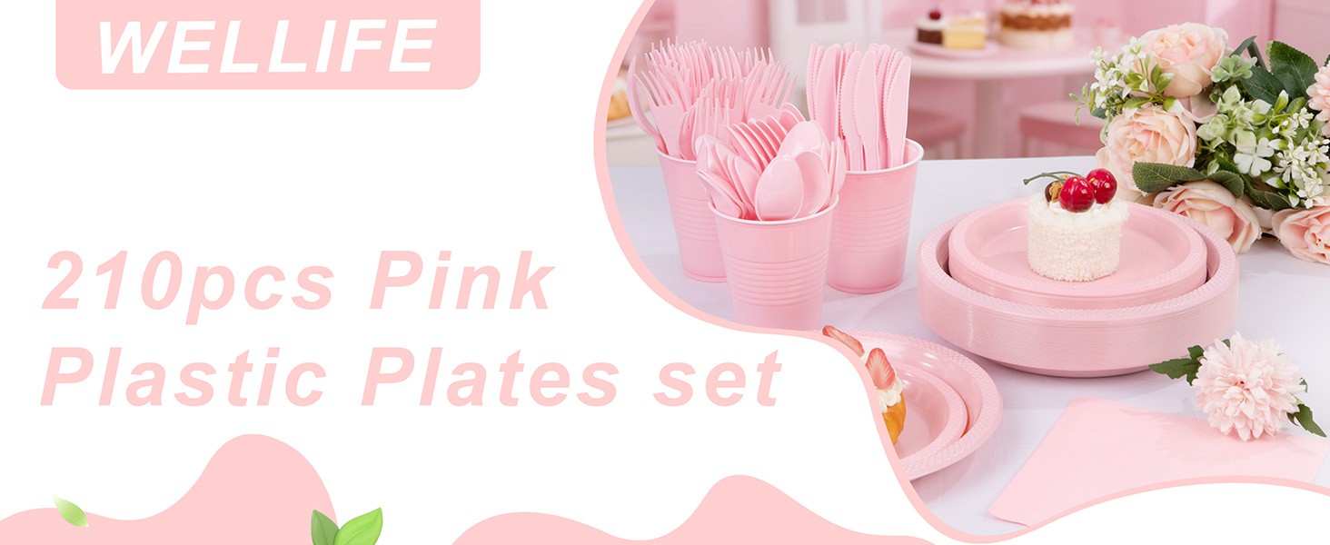 210 PCS Pink Plastic Plates for 30 Guests – Disposable Dinnerware Set Including