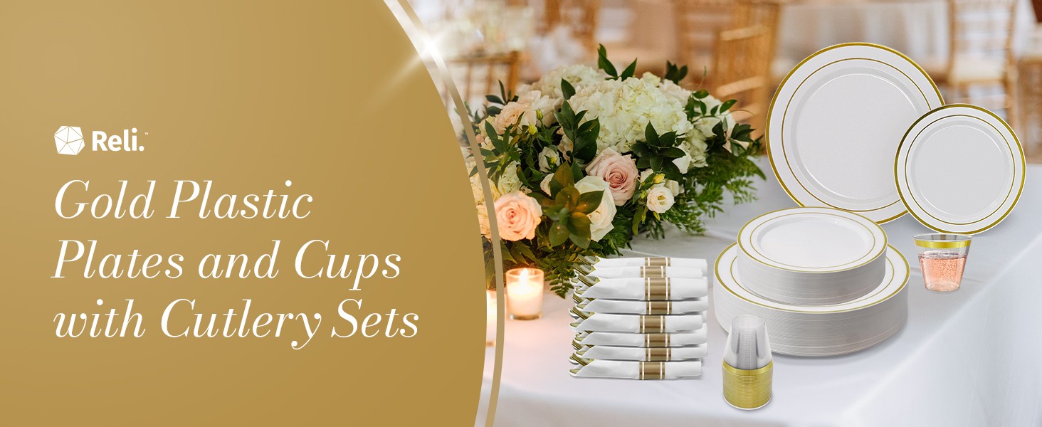 Plastic Plates for Party | 210 Pieces | White w/Gold Rim | Plates and Napkins