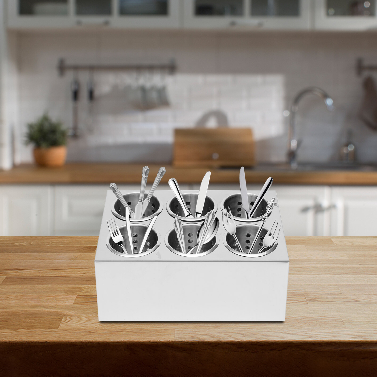 6 Holes Flatware Cylinder Holder Commercial Stainless Steel Utensil Storage