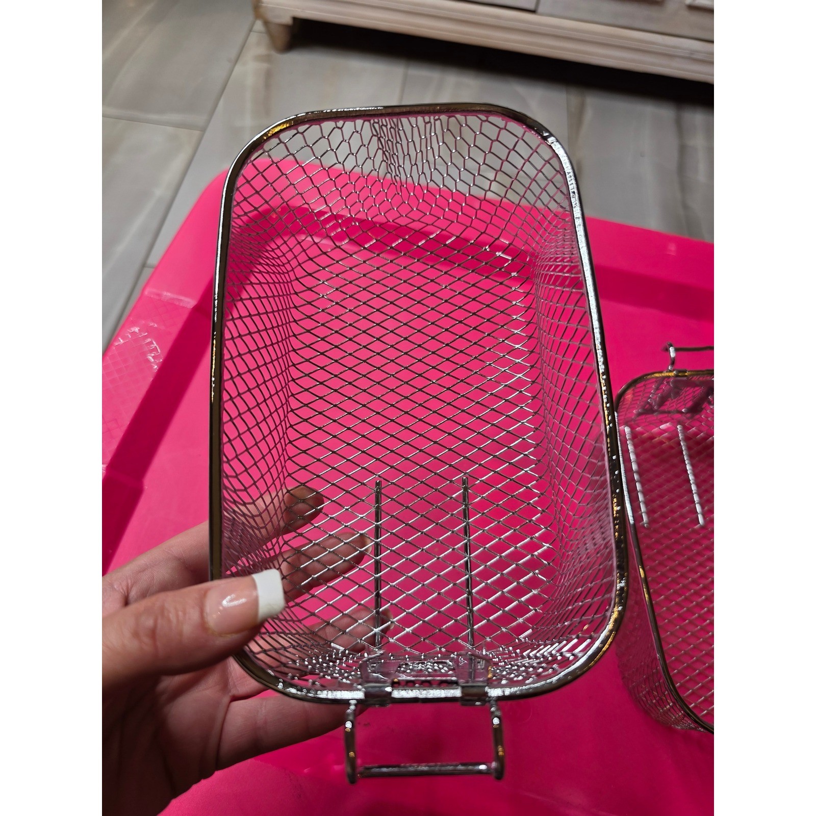 Set of 2 Silver Wire Mesh Deep Fryer Baskets with Hooks 8×4.5×4 Rectangular