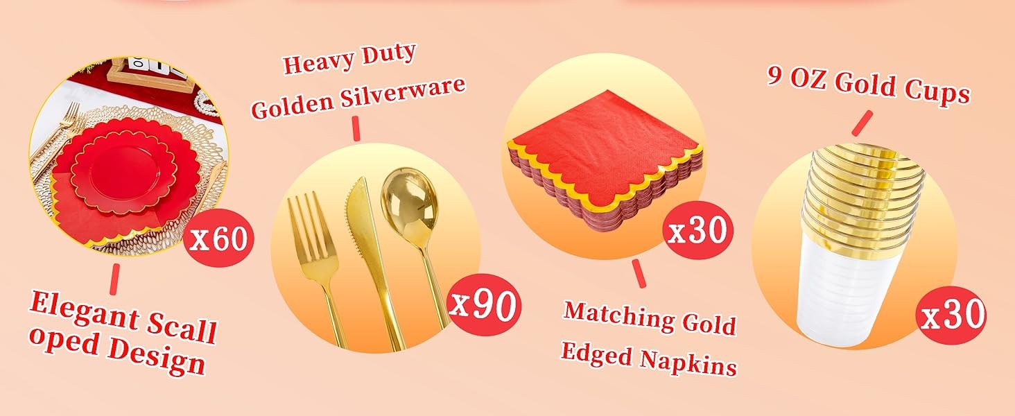 LIYH 210 Pcs Red Plastic Plates – Red Disposable Plates and Napkins Set, Gold