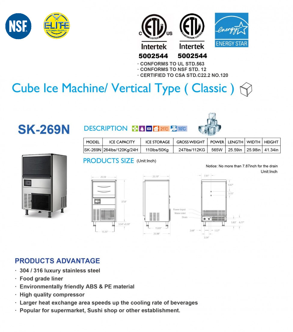 NSF Commercial Cube Ice Maker 260 LBS/ Day, Free Standing Ice Machine