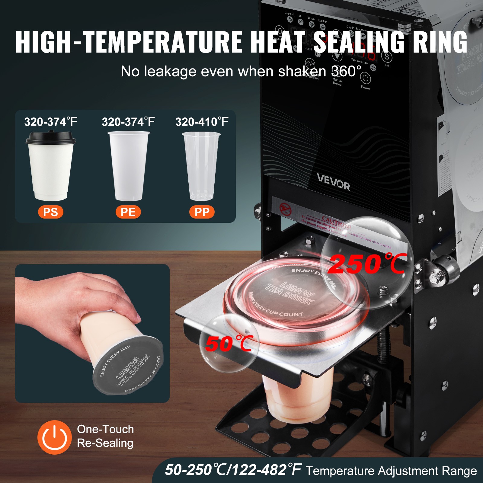 VEVOR Fully Automatic Sealing Machine Tea Cup Sealer 500-650 Cups/H 180 mm Black