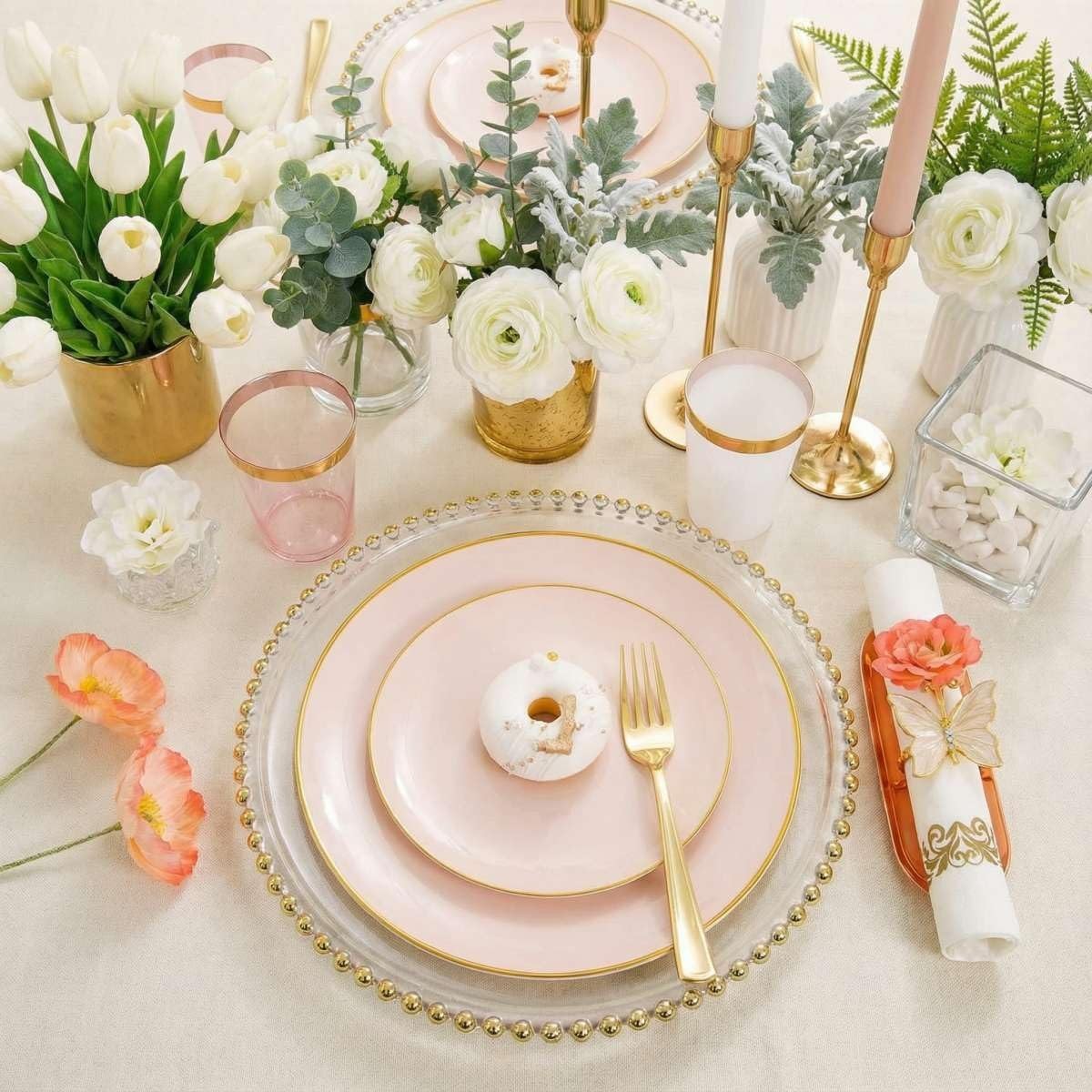 210Pcs Plastic Pink Plates with Gold Plastic Silverware Set Include 30Pink