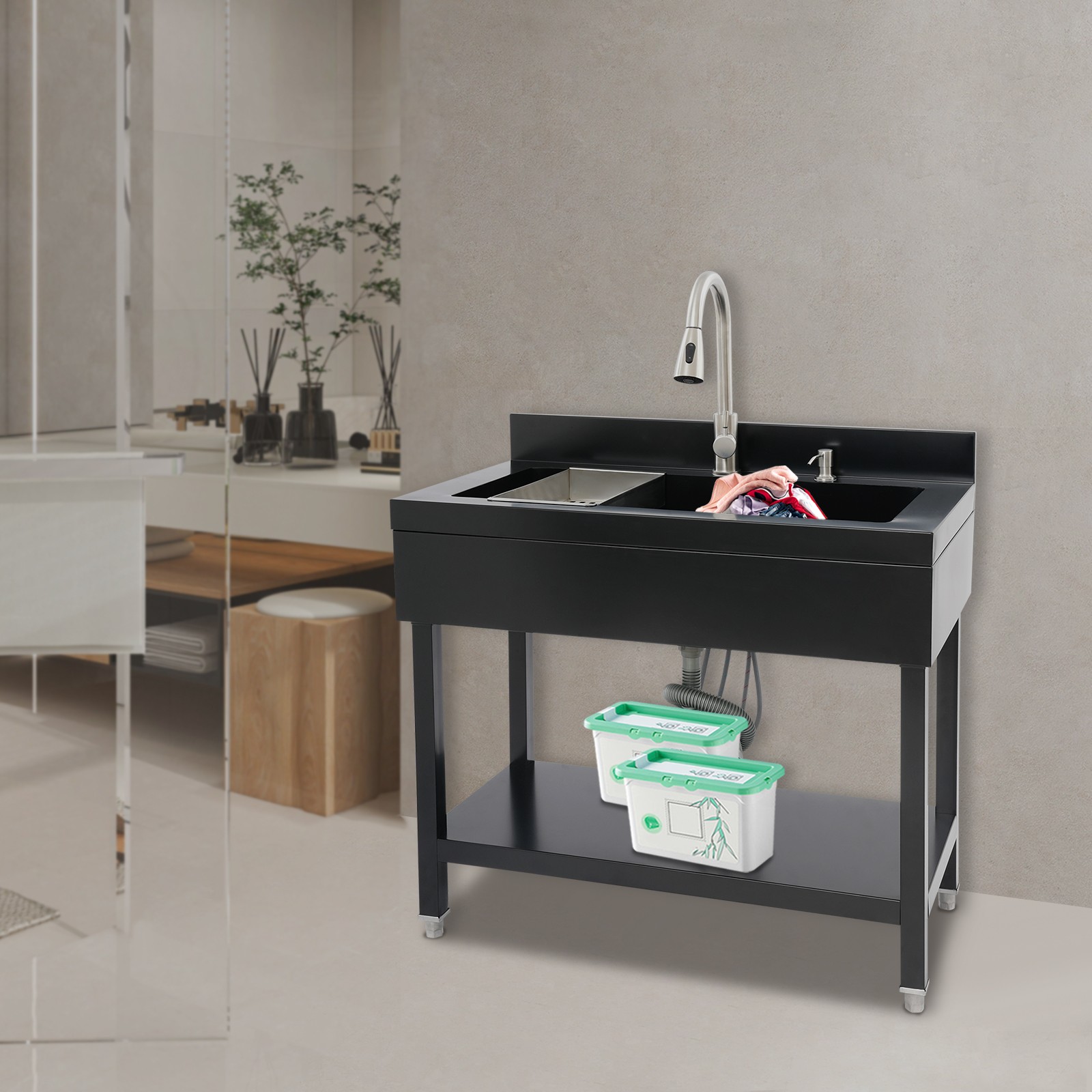 Black Freestanding Stainless Steel Utility Sink with pull-out faucet Faucet New