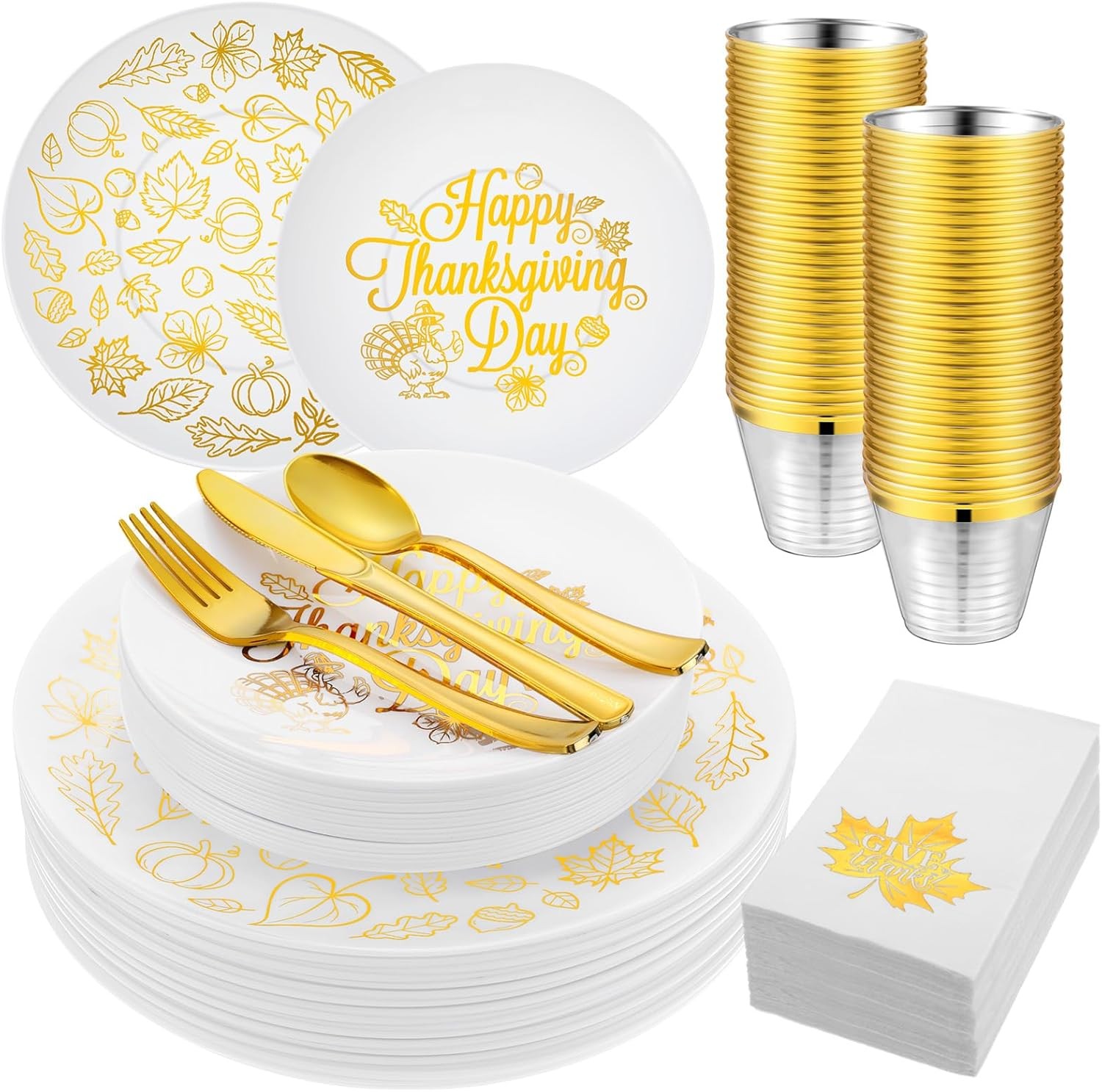 210 Pcs Thanksgiving Plastic Dinnerware Set, Disposable Plates Includes 30