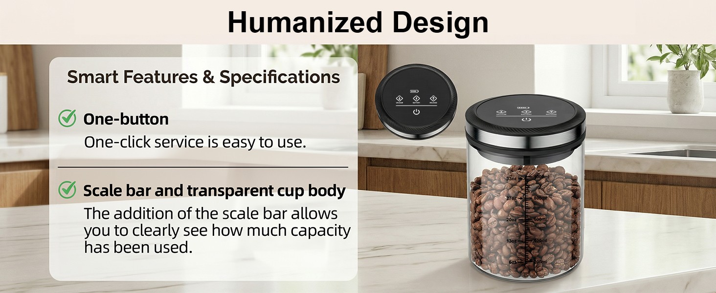 Vacuum Coffee Canister 1.2L – Airtight Food Storage Container for Coffee Beans,