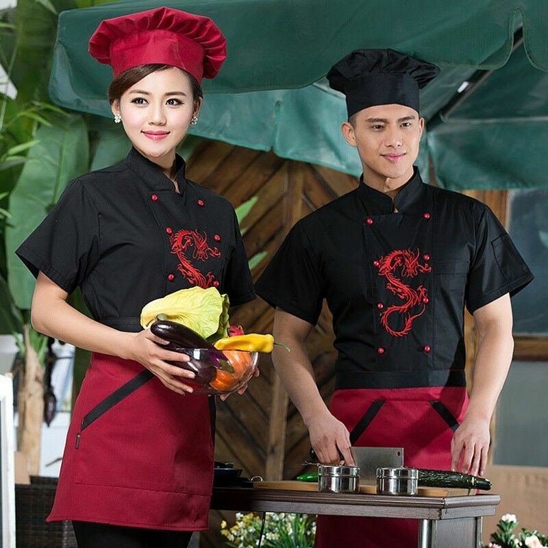 Men Women Chinese Dragon Printed Chef Apparel Uniform Jacket Coat Food Service