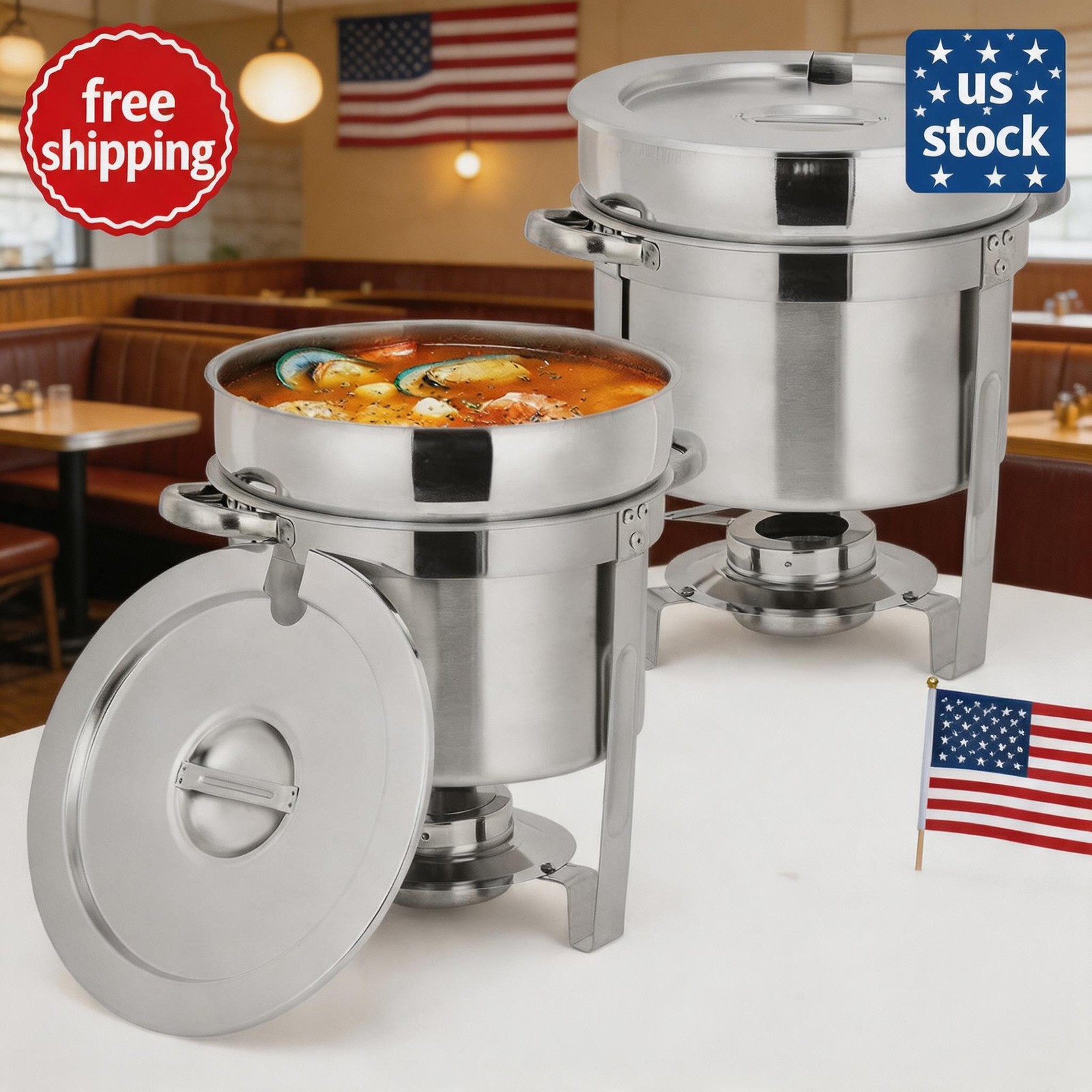 7QT Commercial Soup Warmer Set, 2 Pack Stainless Steel Round Soup Chafer