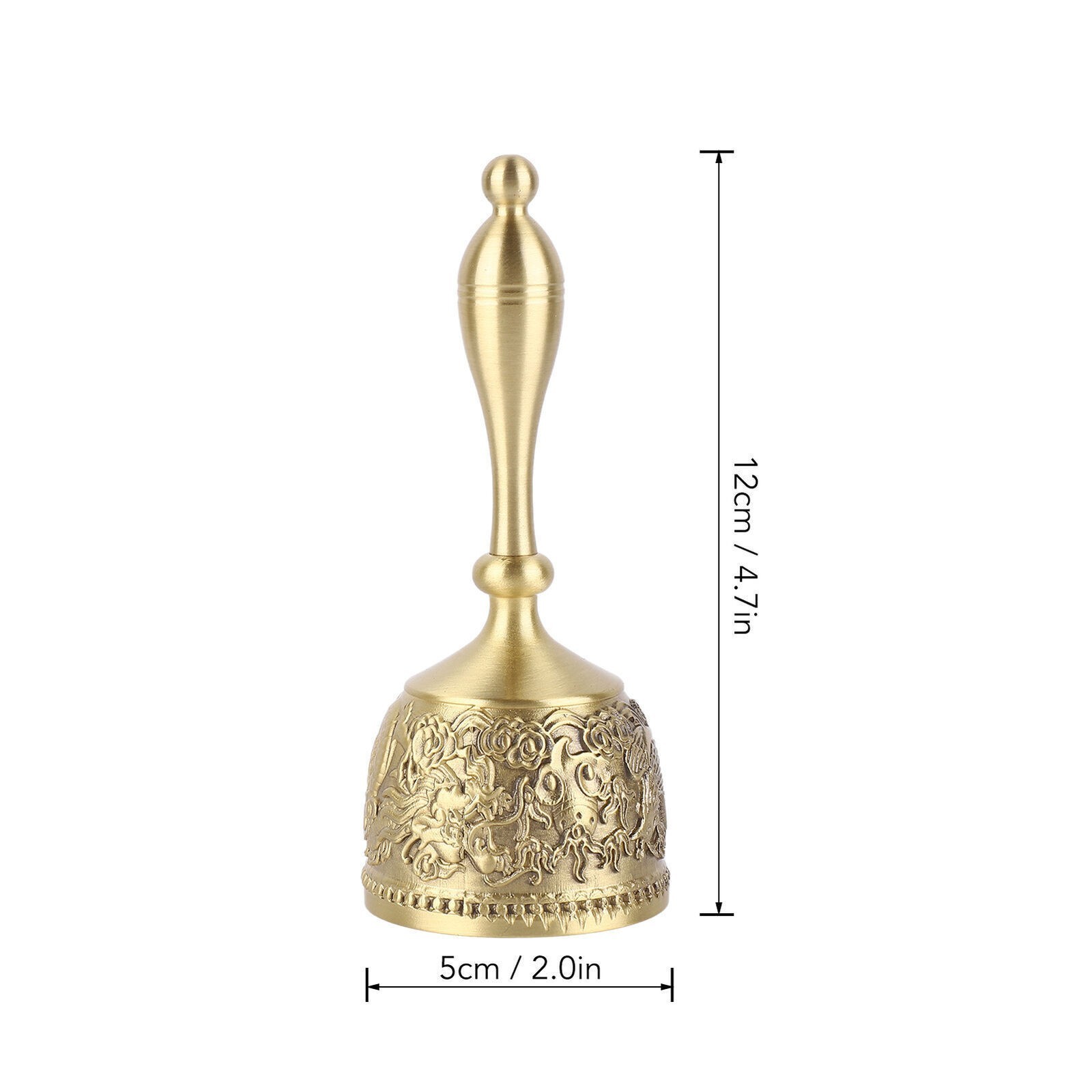 Hand Call Bell 4.7in Long Pure Brass Exquisite Carved Pattern Curved Handle
