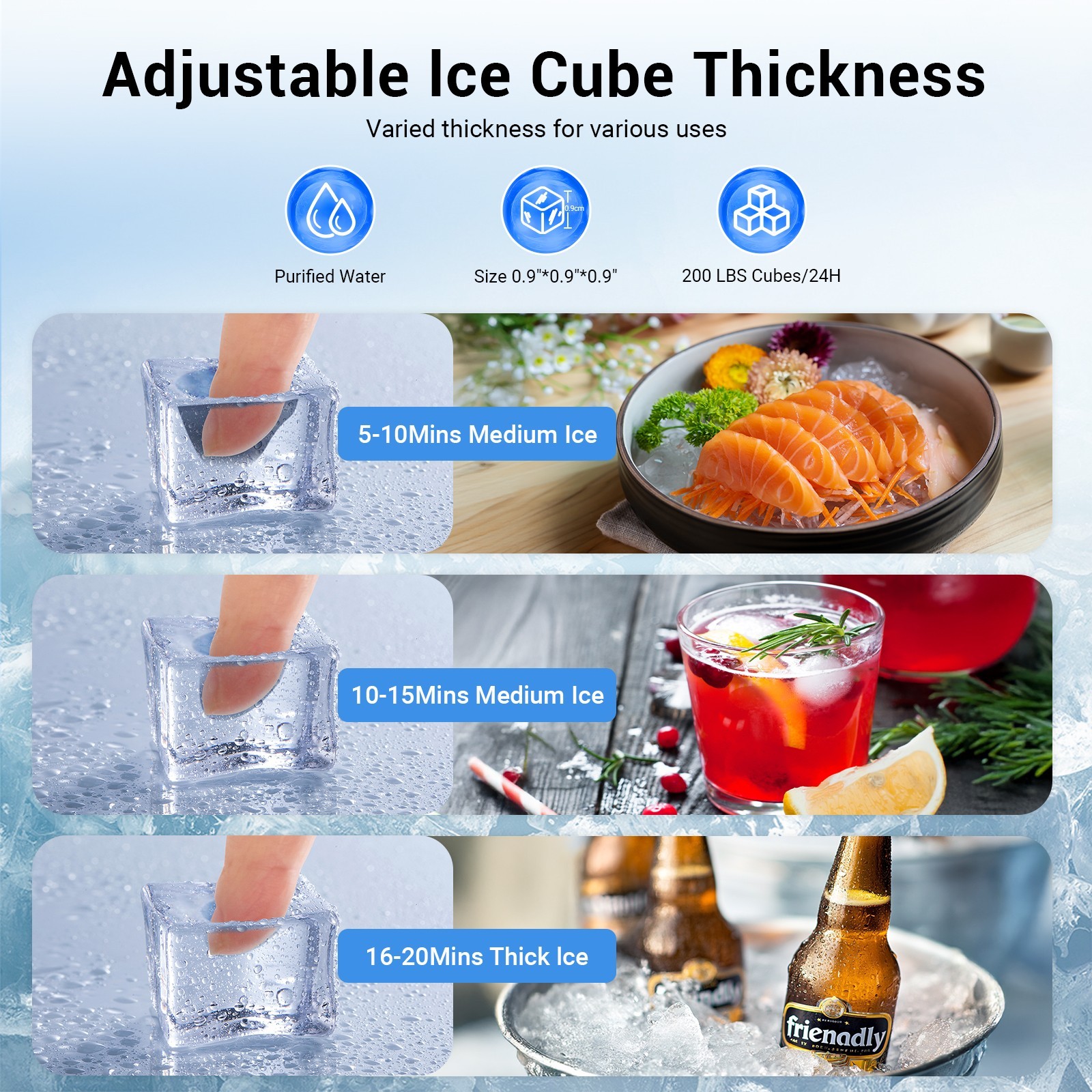 200lbs/24H Commercial Ice Maker Under Counter Freestanding Full ice Cube Machine
