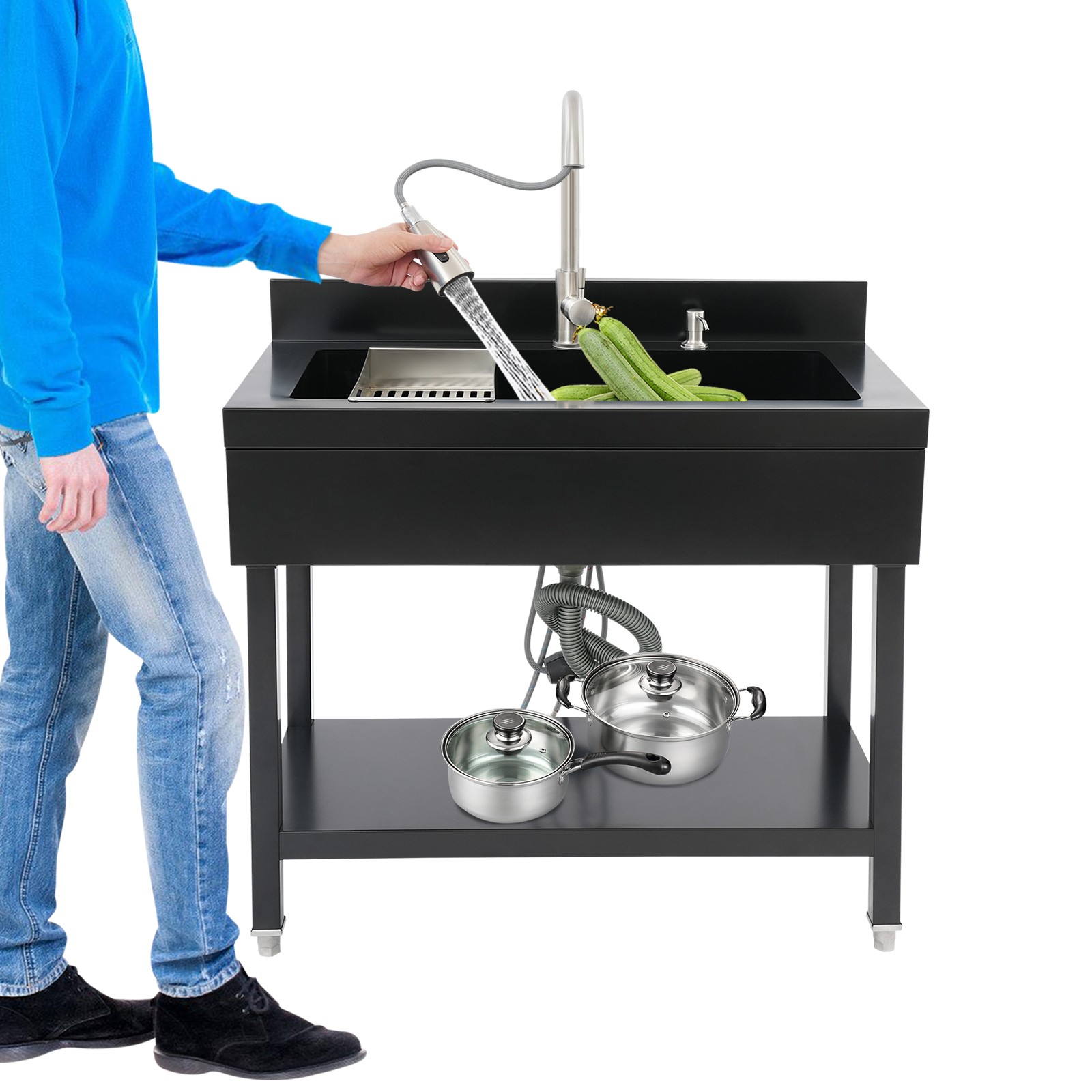 Black Freestanding Stainless Steel Utility Sink with pull-out faucet Faucet New