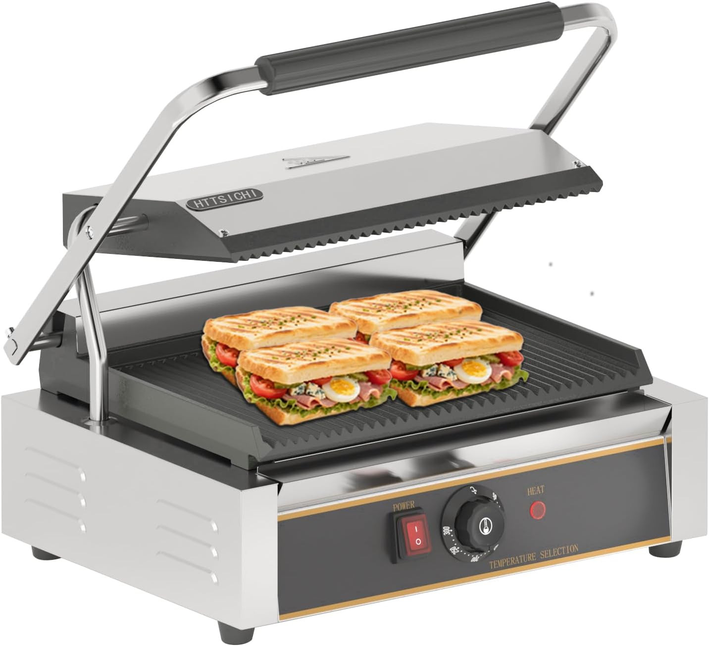 1800W Commercial Panini Press Grill with Nonstick Coating & Adjustable Temp