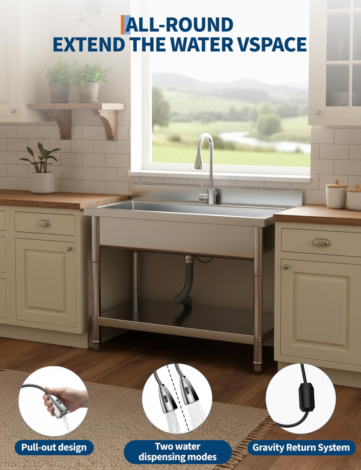 Stainless Steel Utility Sink with Pull-Out Faucet – 39.37”w Freestanding Laundry