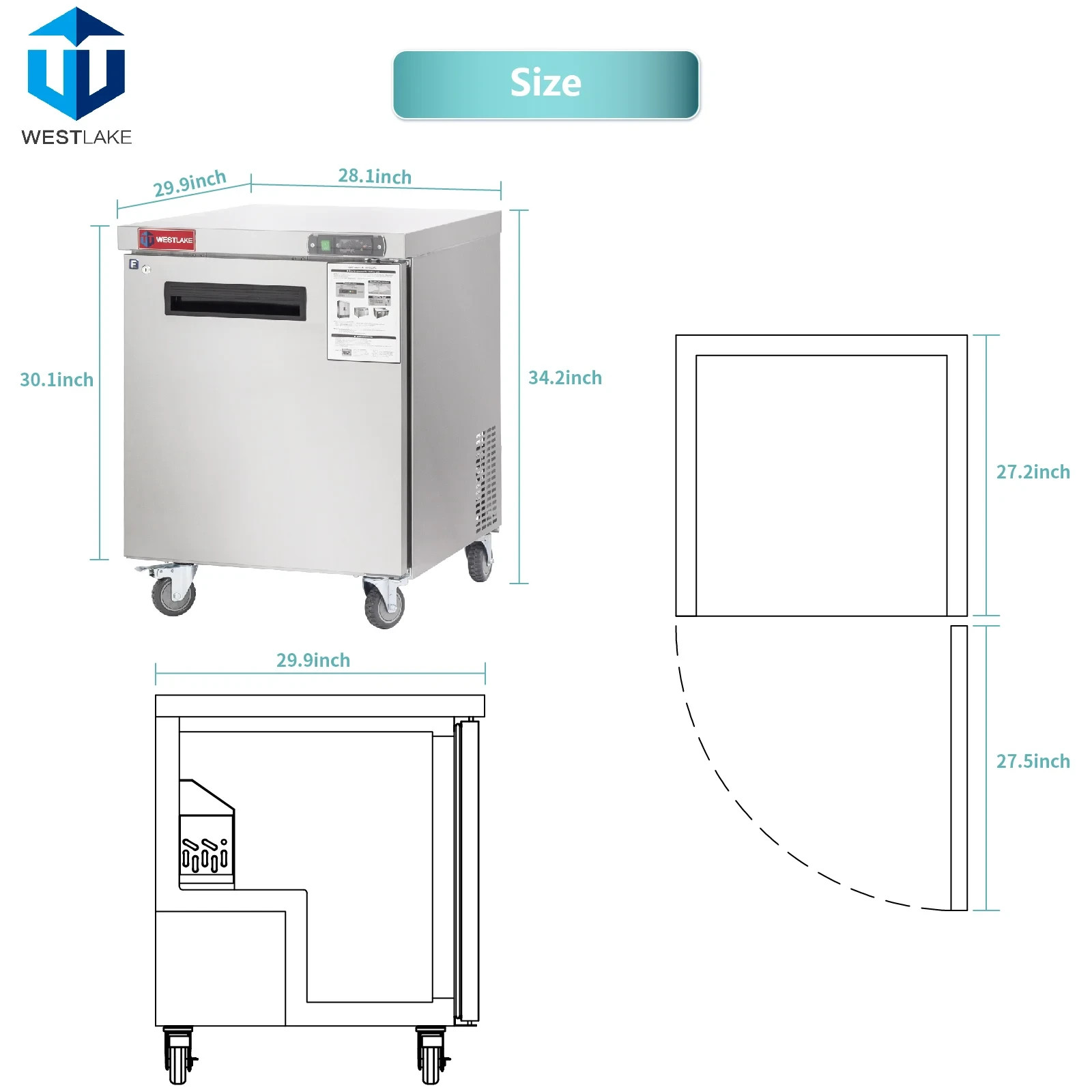 Commercial Undercounter Freezer, WESTLAKE 1 Door 28″ W Worktop Freezer 6.4 Cu.ft